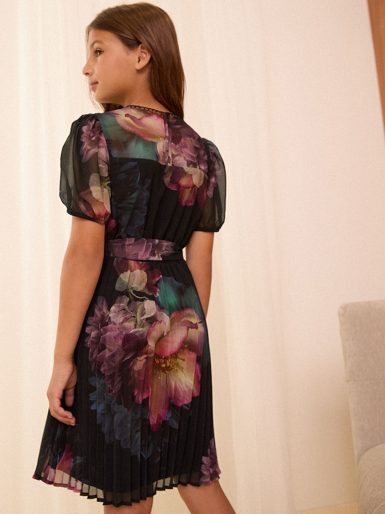 Love & Roses Black Floral Puff Sleeve Pleated Dress (5-16yrs) (5-16yrs) - Image 2 of 4