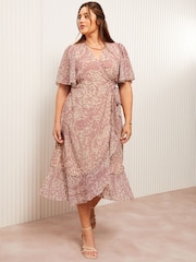 Friends Like These Pink Curve Chiffon Mix Flutter Sleeve Wrap Dress - Image 1 of 4