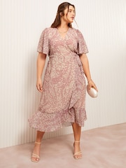 Friends Like These Pink Curve Chiffon Mix Flutter Sleeve Wrap Dress - Image 3 of 4