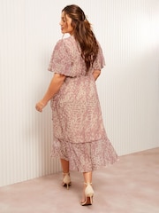 Friends Like These Pink Curve Chiffon Mix Flutter Sleeve Wrap Dress - Image 4 of 4