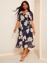 Friends Like These Navy Blue Floral Curve Chiffon Mix Flutter Sleeve Wrap Dress - Image 1 of 4