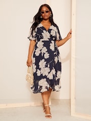 Friends Like These Navy Blue Floral Curve Chiffon Mix Flutter Sleeve Wrap Dress - Image 3 of 4