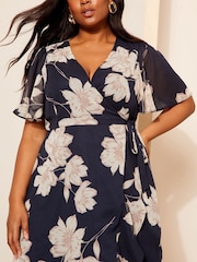 Friends Like These Navy Blue Floral Curve Chiffon Mix Flutter Sleeve Wrap Dress - Image 4 of 4