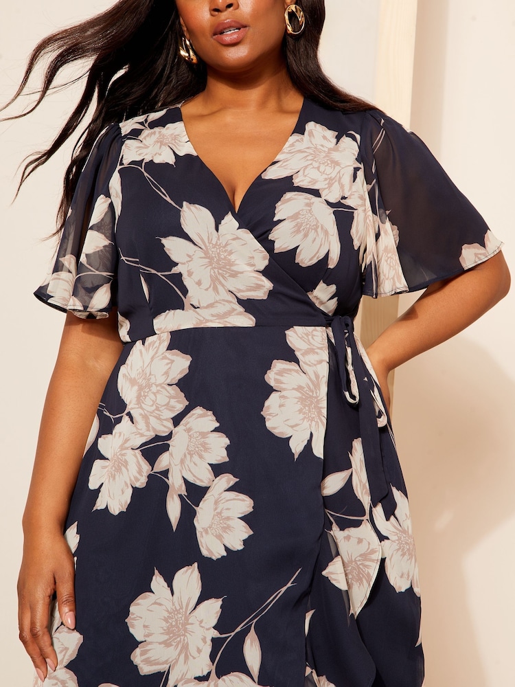 Friends Like These Navy Blue Floral Curve Chiffon Mix Flutter Sleeve Wrap Dress - Image 4 of 4