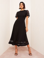 Friends Like These Black Lace Insert Flutter Sleeve Midi Dress - Image 1 of 4