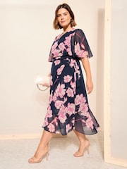 Friends Like These Blue Curve Chiffon Mix Flutter Sleeve Wrap Dress - Image 1 of 4