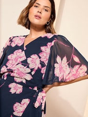Friends Like These Blue Curve Chiffon Mix Flutter Sleeve Wrap Dress - Image 2 of 4