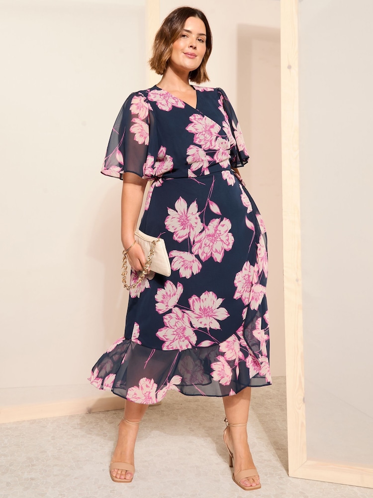 Friends Like These Blue Curve Chiffon Mix Flutter Sleeve Wrap Dress - Image 3 of 4