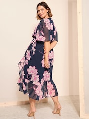 Friends Like These Blue Curve Chiffon Mix Flutter Sleeve Wrap Dress - Image 4 of 4