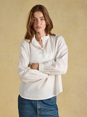 Joules Melanie White Long Sleeve Blouse With Ruffle Neck - Image 1 of 7