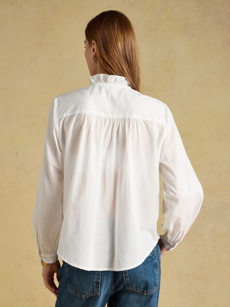 Joules Melanie White Long Sleeve Blouse With Ruffle Neck - Image 2 of 7