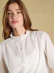 Joules Melanie White Long Sleeve Blouse With Ruffle Neck - Image 4 of 7