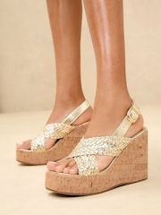 Lipsy Gold High Weave Cross Strap Faux Leather Cork Wedges - Image 1 of 5