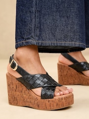 Lipsy Black High Weave Cross Strap Faux Leather Cork Wedges - Image 1 of 5