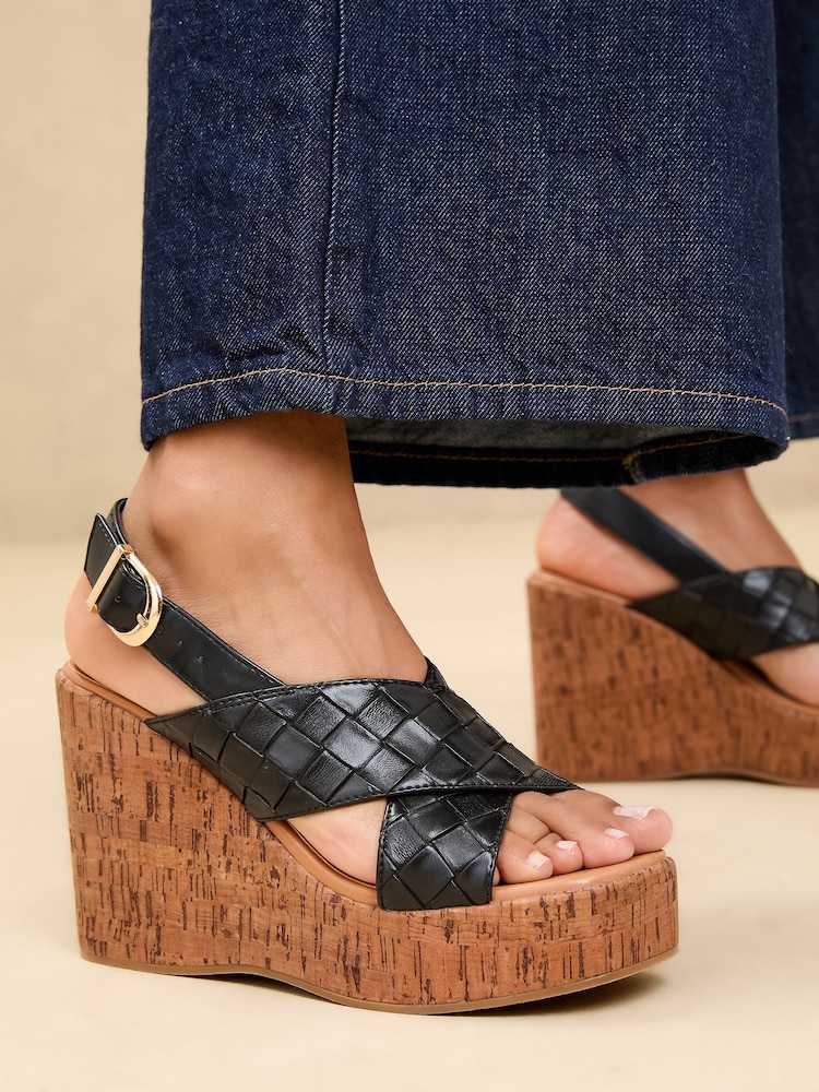 Lipsy Black High Weave Cross Strap Faux Leather Cork Wedges - Image 1 of 5