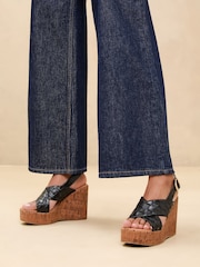 Lipsy Black High Weave Cross Strap Faux Leather Cork Wedges - Image 2 of 5