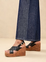 Lipsy Black High Weave Cross Strap Faux Leather Cork Wedges - Image 3 of 5