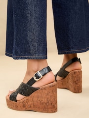 Lipsy Black High Weave Cross Strap Faux Leather Cork Wedges - Image 4 of 5