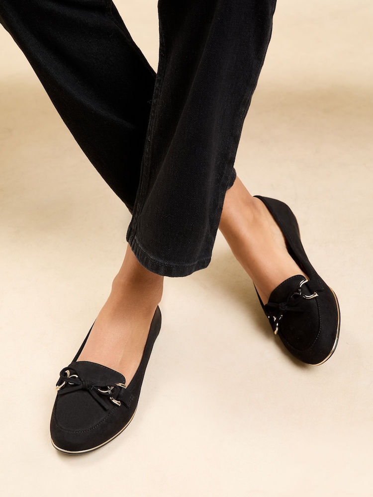 Lipsy Black Standard Fit Flat Slip On Metal Rand Faux Leather Suede Loafers - Image 2 of 5