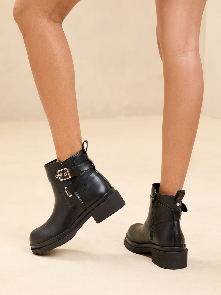 Lipsy Black Standard fit Chunky Multi Strap Faux Leather Buckle Faux Leather Ankle Boots - Image 4 of 4