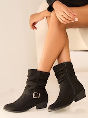Lipsy Black Wide Fit Wide Fit Flat Ruched Buckle Ankle Boots - Image 1 of 4