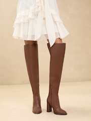 Lipsy Brown Block Heel Over The Knee Faux Leather Long Leg Boots - Image 1 of 5