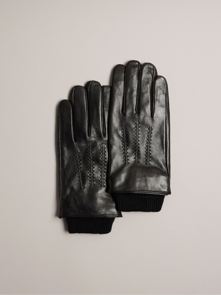 Ted Baker Black Ballat Leather Gloves With Ribbed Cuff - Image 1 of 4