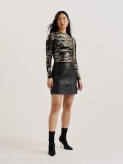 Ted Baker Black Karenha Foil Printed Skinny Fit Mesh Top - Image 1 of 7