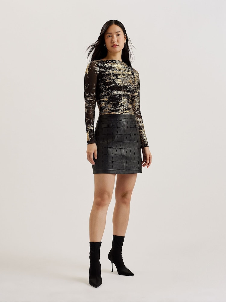 Ted Baker Black Karenha Foil Printed Skinny Fit Mesh Top - Image 1 of 7