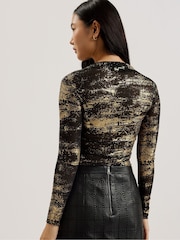 Ted Baker Black Karenha Foil Printed Skinny Fit Mesh Top - Image 2 of 7