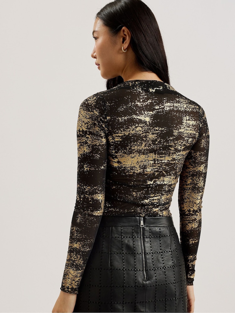 Ted Baker Black Karenha Foil Printed Skinny Fit Mesh Top - Image 2 of 7