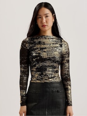 Ted Baker Black Karenha Foil Printed Skinny Fit Mesh Top - Image 3 of 7