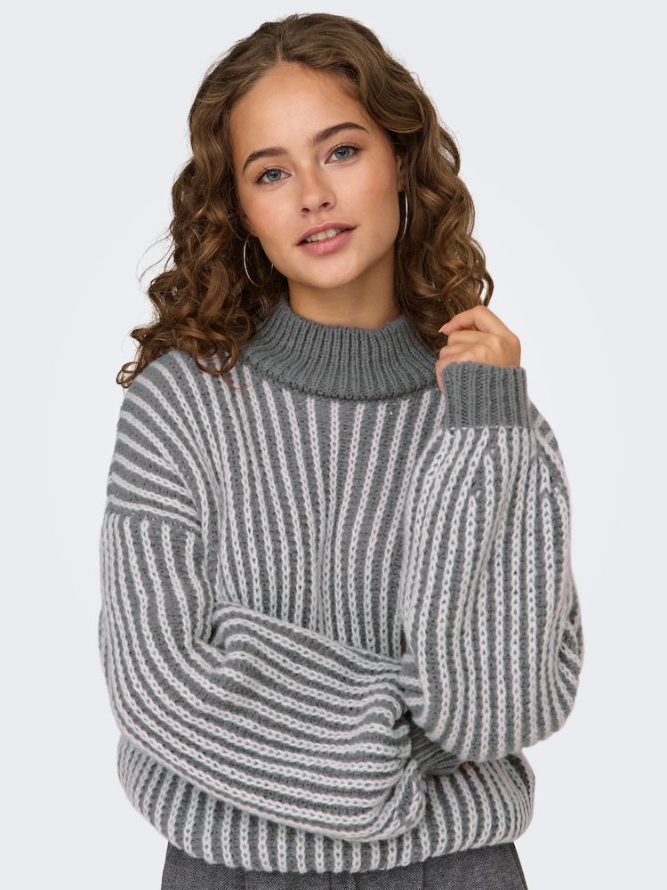 JDY Black Textured Stripe High Neck Jumper - Image 2 of 8