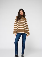 JDY Brown Stripe Roll Neck Jumper - Image 1 of 4