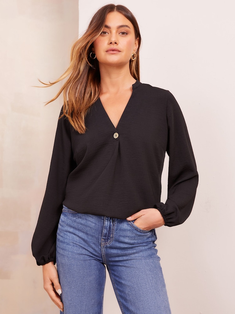 Friends Like These Black V-Neck Long Sleeve Button Blouse - Image 1 of 4