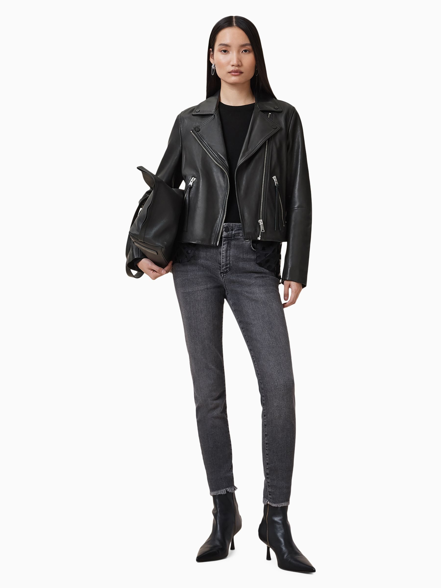 Buy AllSaints Black/Silver Slim Fit Dalby Leather Biker Jacket