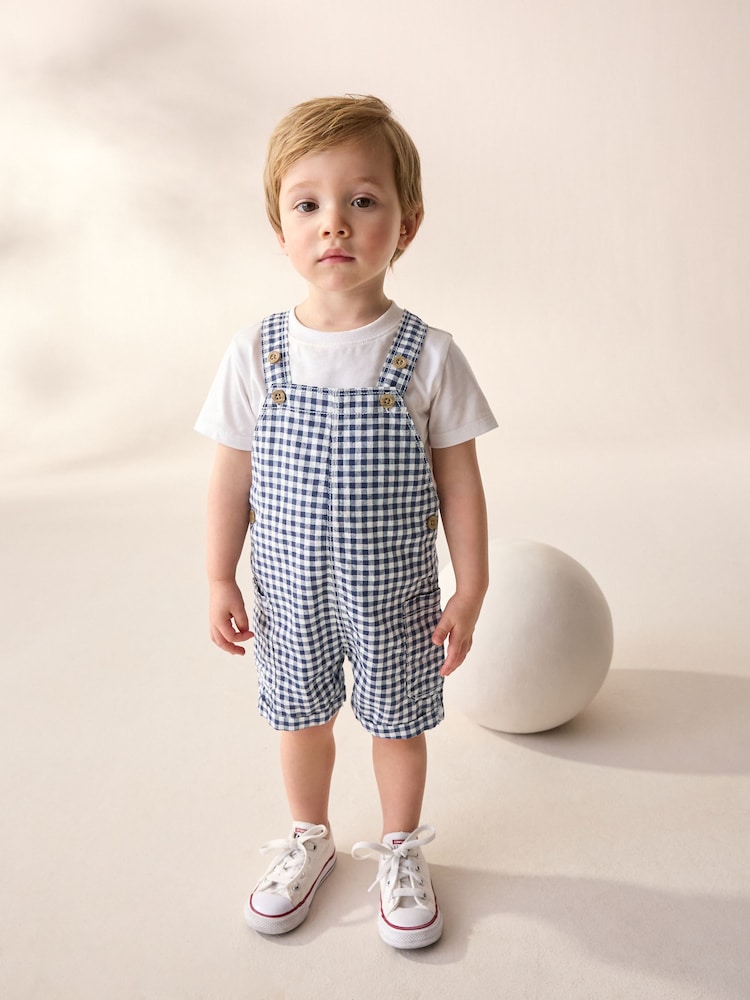 Navy/White Gingham Linen Blend Dungarees (3mths-7yrs) - Image 1 of 5