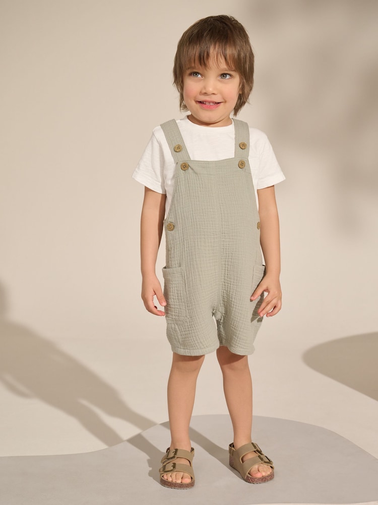 Sage Green Soft Textured 100% Cotton Dungarees (3mths-7yrs) - Image 1 of 8 Sage Green Soft Textured 100% Cotton Dungarees (3mths-7yrs) - Image 1 of 8