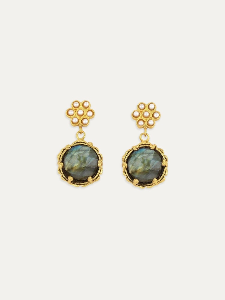 Ottoman Hands Gold Estatira Pearl Flower and Labradorite Drop Earrings - Image 2 of 2 Ottoman Hands Gold Estatira Pearl Flower and Labradorite Drop Earrings - Image 2 of 2