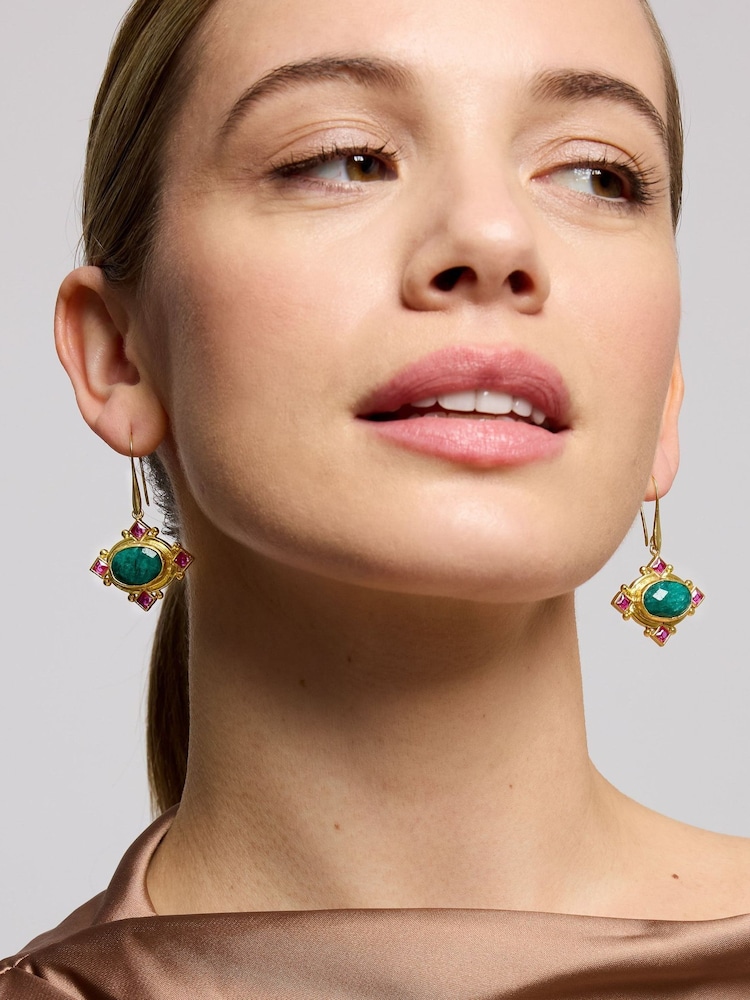 Ottoman Hands Gold Raina Emerald and Pink Crystal Drop Earrings - Image 1 of 4 Ottoman Hands Gold Raina Emerald and Pink Crystal Drop Earrings - Image 1 of 4