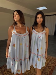 Never Fully Dressed Blue Seersucker Embroidered 100% Cotton Slip Dress - Image 1 of 5