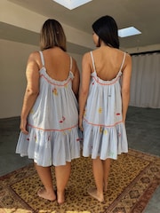 Never Fully Dressed Blue Seersucker Embroidered 100% Cotton Slip Dress - Image 2 of 5