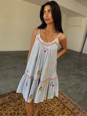 Never Fully Dressed Blue Seersucker Embroidered 100% Cotton Slip Dress - Image 3 of 5