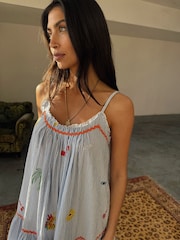 Never Fully Dressed Blue Seersucker Embroidered 100% Cotton Slip Dress - Image 4 of 5