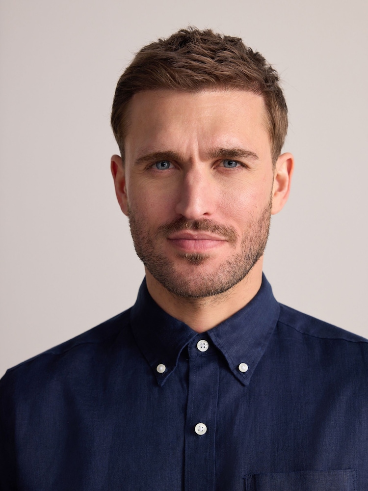 Navy Blue Signature 100% Linen Long Sleeve Shirt - Image 4 of 7