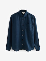 Navy Blue Signature 100% Linen Long Sleeve Shirt - Image 5 of 7