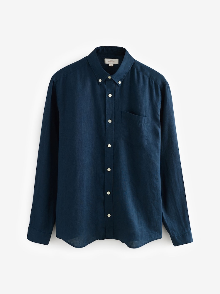 Navy Blue Signature 100% Linen Long Sleeve Shirt - Image 5 of 7