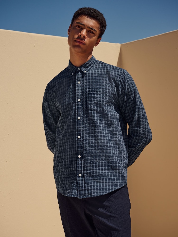 Navy Blue Check Long Sleeve 100% Cotton Shirt - Image 1 of 10