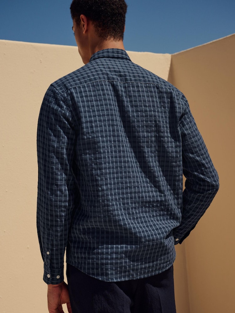 Navy Blue Check Long Sleeve 100% Cotton Shirt - Image 10 of 10