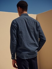 Navy Blue Check Long Sleeve 100% Cotton Shirt - Image 2 of 10